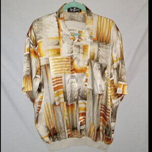 Vintage 70s Alan Stuart Abstract Disco Satin Polo Banded Shirt 1XL 2XL 3XL 56"